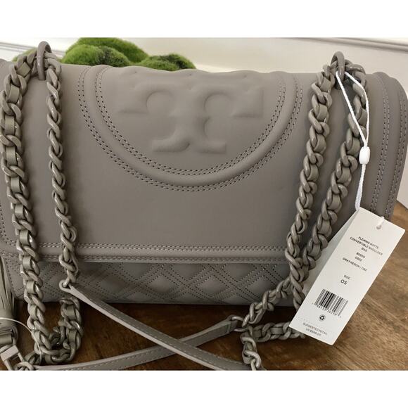 🆕 Tory Burch Fleming Convertible Shoulder GRAY HERON Matte Bag $598 - Picture 5 of 16
